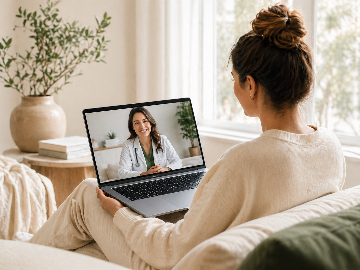 A patient speaking with a clinician during a telehealth visit from home